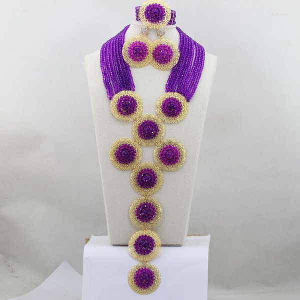 Collana Orecchini Set Collane di perline nigeriane esclusive Matrimonio Gioielli di perline viola ABL376 africano