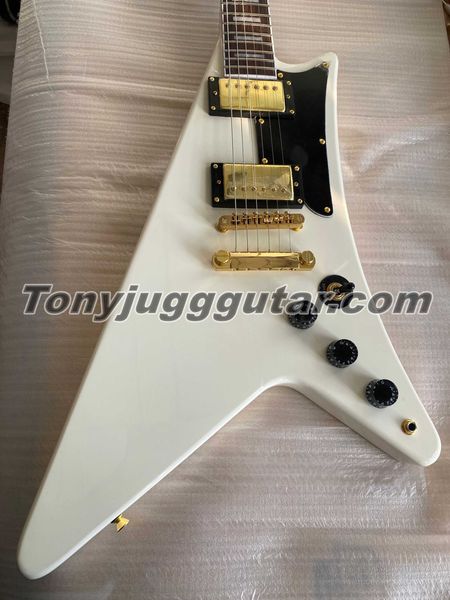 Raro Moderne Korina Heritage Branco Guitarra Elétrica Remo Cabeçote estilo Gumby, Dot Inlay, Ferragens Douradas