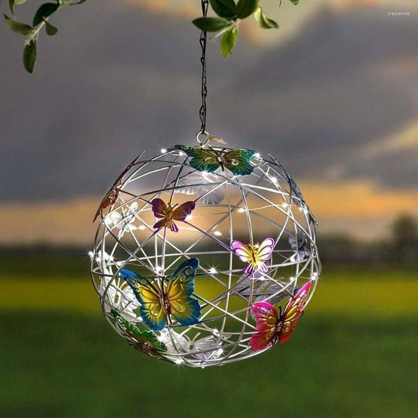 Figurine decorative giardino appeso a sfera rotonda con luce solare con lampada a farfalla impermeabile in metallo notturno