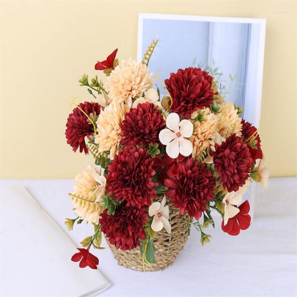 Dekorative Blumen, 5 Köpfe, Kugel, Chrysantheme, Seide, künstliche Blume, Rot, Hochzeit, Zuhause, gefälschter Blumenstrauß, Wohnzimmer-Dekoration