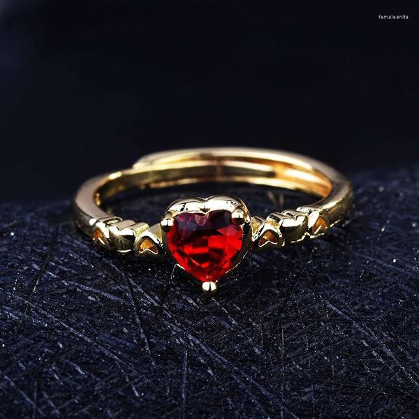 Обручальные кольца Простые ретро золото, покрытое сердцем для женщин, сияет красный Cz Stone Inlay Vintage Fashion Jewelry Party Dift Dift Ring
