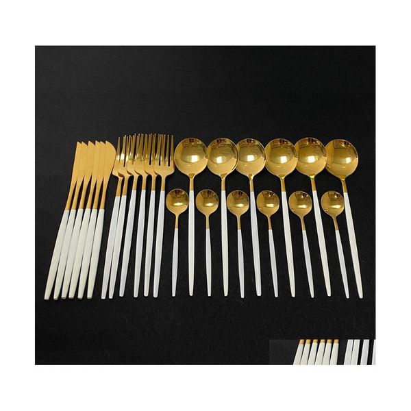 Set di stoviglie 24 pezzi Set di posate in oro bianco Stoviglie da cucina Coltello in acciaio inossidabile Coltello Forchetta Cucchiaio Cena Lavastoviglie Consegna a goccia sicura Dhc96