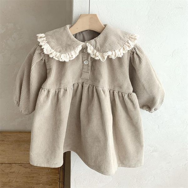 Roupas Conjuntos 4241C Vestido de bebê coreano 2023 Winter Spring Lace Turn Down Collar Girl's Corduroy Fashion Fashion All Match