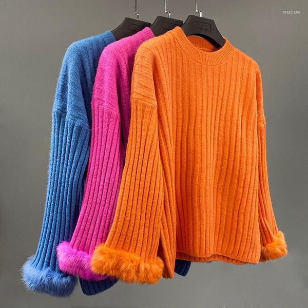 Suéteres femininos Mulheres Moda Belas malhas de malha com pêlo de pêlo real da primavera 2023 Casaco de suéter