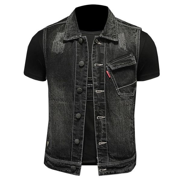 Coletes masculinos 2023 Summer retro lapela solteiro algodão preto preto slim colete de casaco de gola jeans jeans jeans jeak jeash jeans motociclet gilet homme