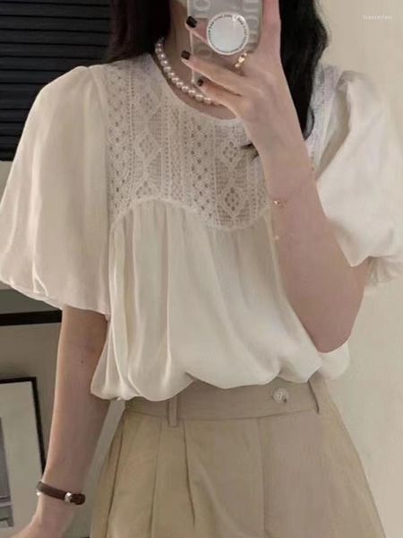 Kadın bluzları Koreli şık yaz bluz bayanlar basit o-yakalı içi nakış dikiş tatlı bebek gevşek kısa kollu gömlek kadın gömlek