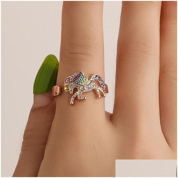 Anelli a fascia Gioielli di moda Cartone animato Anello carino Pony colorato Apertura con diamanti Consegna a goccia regolabile Dh0Zh