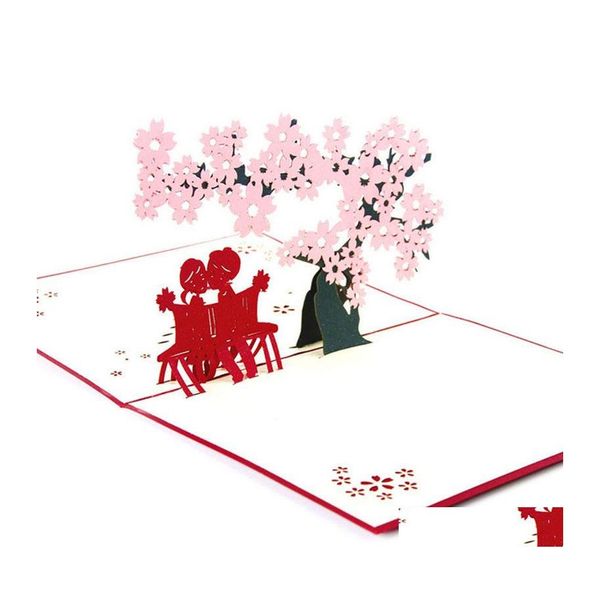 Cart￵es de felicita￧￵es 3D UP Origami Paper Laser Cut Handmade Vintage Cherry Lover Birthday Postcards DIY Obrigado entrega de garde home Garde Dhepb