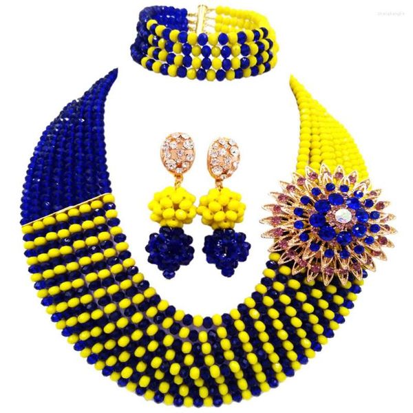 Свадебные украшения наборы мод Королевский синий и непрозрачные желтые африканские бусины устанавливают хрустальное ожерелье 8JBK12