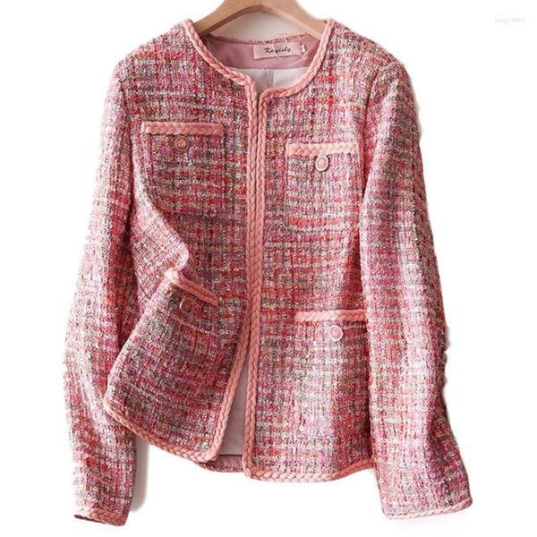 Jaquetas femininas Tweed Women Jacket Spring Autumn O-Golaco Pequeno Fragrância Rosa Lã Casaco de Lã Classic Ladies