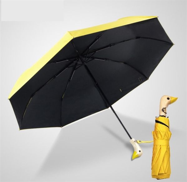 Полуавтоматический солнечный зонтик милый утиный головка деревянная ручка 8K 2 складной ветрозащитный черный покрытие УФ -защита Женщины дождь зонтики 2107382939