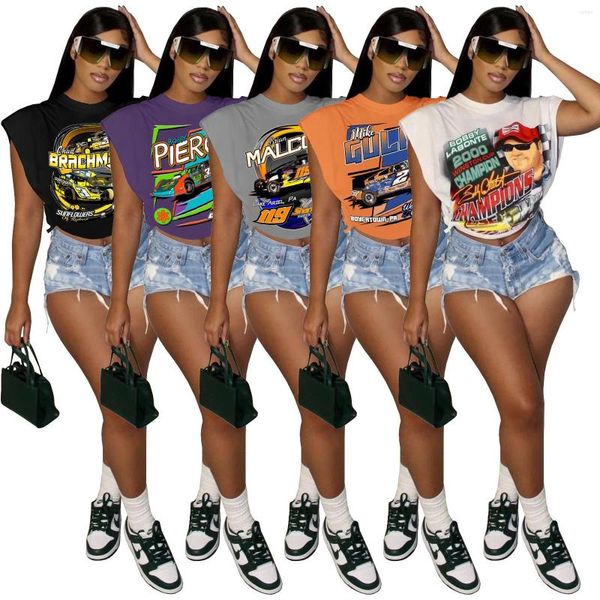 Damen T-Shirts Sommer Grafik Sexy Open Side Crop Top Mode Bedruckt Streetwear Frauen O Hals ärmellose T-Shirts Casual Y2k Kleidung