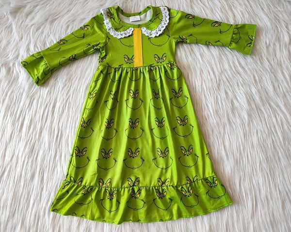 Mädchen Kleider Großhandel Nachtwäsche Kinder Weihnachten Nachthemd Herbst Winter Kinder Grünes Kleid Baby Cartoon Knöchel Maxi Mode Kleidung