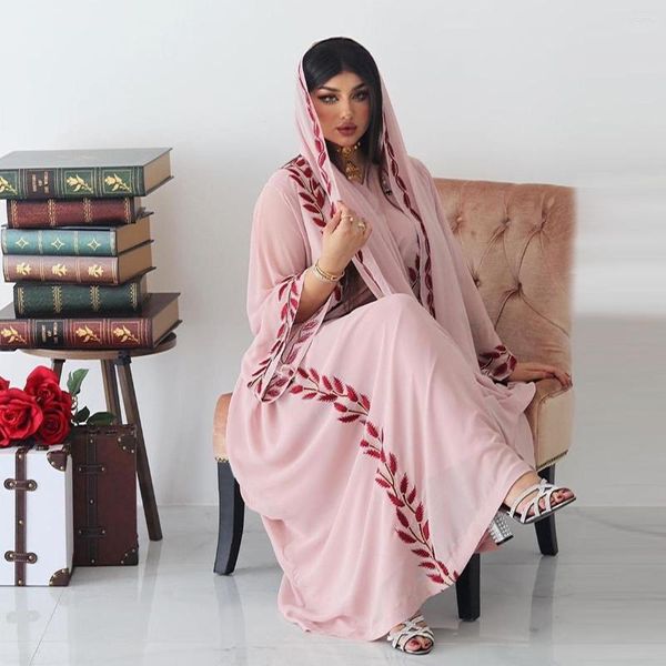 Ethnische Kleidung Naher Osten Kleid Rosa Kaftan Robe Djellaba Femme Musulmane Modest Dubai Abaya Türkei Islam Muslim Hijab bestickt rund