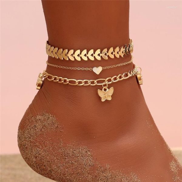 Fußkettchen Huitan Böhmen barfuß Sandalen Fußkettchenarmband für Frauen Schmetterling Fischknochen Beinketten Sommer Strand Fuß Schmuck Tropfen