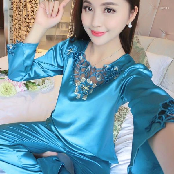 Женская одежда для сна женщины пижама наборы 2023 качественные сексуальные атласные ледяные шелк дворянка Корея Сладкие брюки с длинным рукавом пижама набор