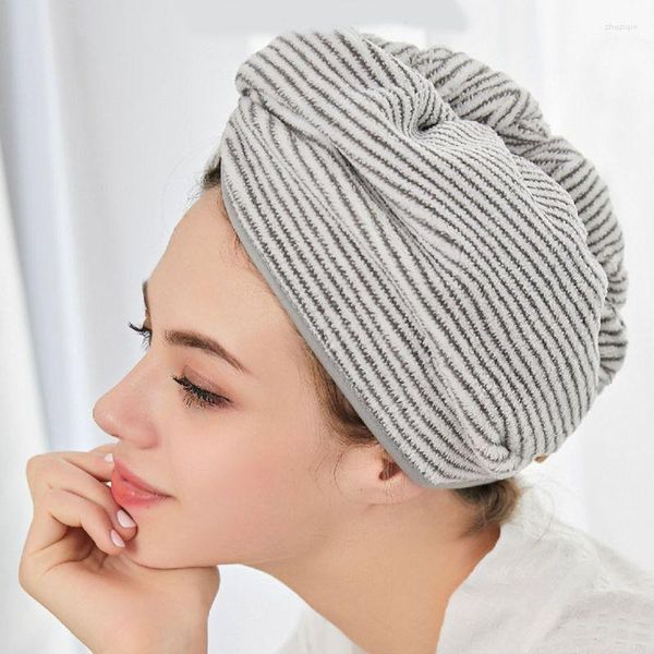 Handtuch aus Bambus-Mikrofaser, grau gestreift, schnell trocknend, Dusch-Turban mit Knopf, super saugfähig, für Frauen und Mädchen