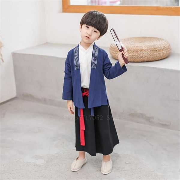 Ethnische Kleidung 3PCS Kinder Japanische Traditionelle Samurai Set Jungen Bühne Leistung Orientalische Chinesische Hanfu Schwertkämpfer Cosplay Kostüm