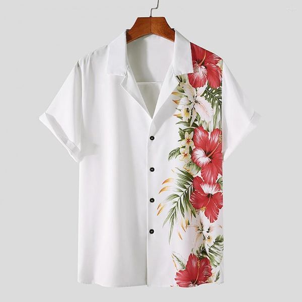 Camisas casuais de camisa de praia de praia estampa de flores de colarinho de colarinho de peito de peito de peito curto Top para férias