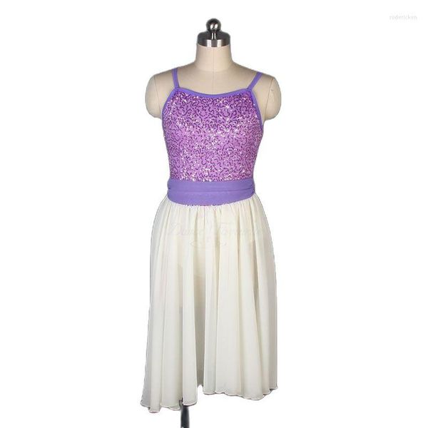 Bühnenkleidung Lila Erwachsene Mädchen Ballett Lyrisches zeitgenössisches Tanzkostüm Camisole Pailletten Spitzenmieder mit weißem Chiffonkleid 19601