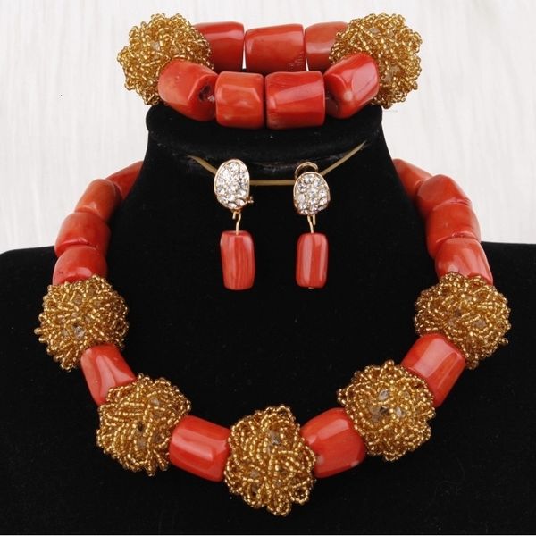 Brincos Colar 4ujewelry Orange Africano Jóias de Coral Conjunto de Mercadeiras Mulher Bolas de Ouro Nigeria Casamento 230110