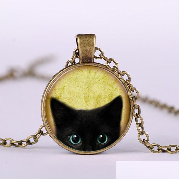 Anhänger Halsketten Modeschmuck Vintage Zeit Edelstein Cabochon Schwarze Katze Halskette Drop Lieferung Anhänger Dhcek