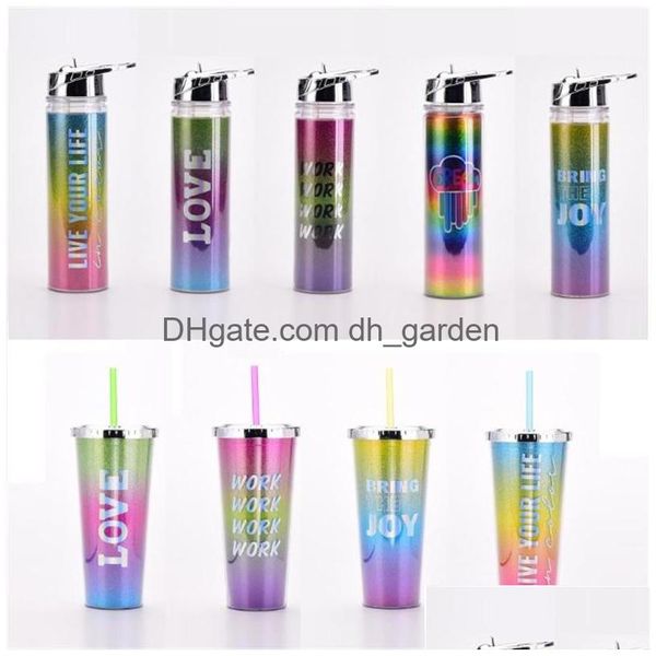 Garrafas de água 550 ml gradiente de arco -íris colorida doublelayer plástico st cup portátil esporte portátil arremessador de bebidas de bebidas d. Dhgarden dhln6