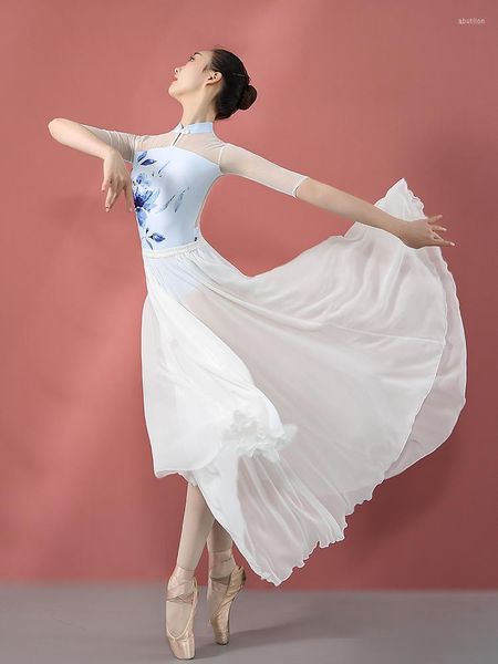 Salia de balé de desgaste de palco vestido branco bailarina feminina pérola chiffon dança contemporânea rOpa traje clássico para meninas