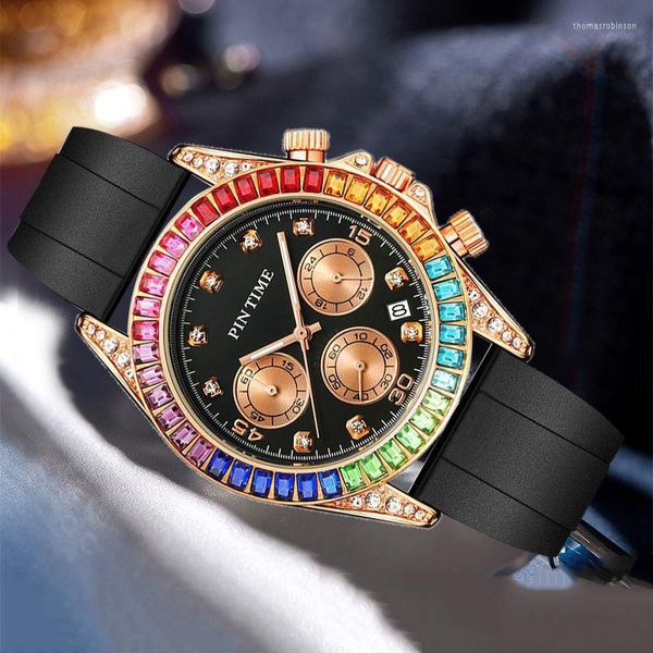 Armbanduhren Bunte Diamant Iced Out Lünette Quarzuhr Männer Luxus Hip Hop Herren Strass Stein Inlay Uhren Mann Armbanduhr Männliche Uhr