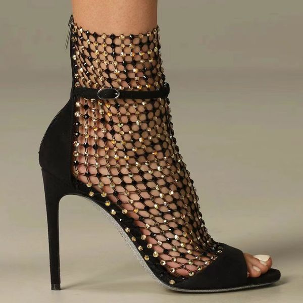Galaxia Kristallverzierte Mesh-Strass-Stiletto-Sandalen mit Strasssteinen, Knöchelriemen, schwarze Abendschuhe für Damen mit hohen Absätzen, coole Designer-Stiefel