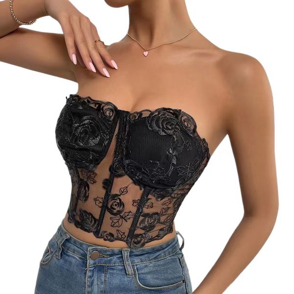 Commercio all'ingrosso donne pizzo casual canotta camicetta sexy crop canotte lingerie bustier senza spalline crop top