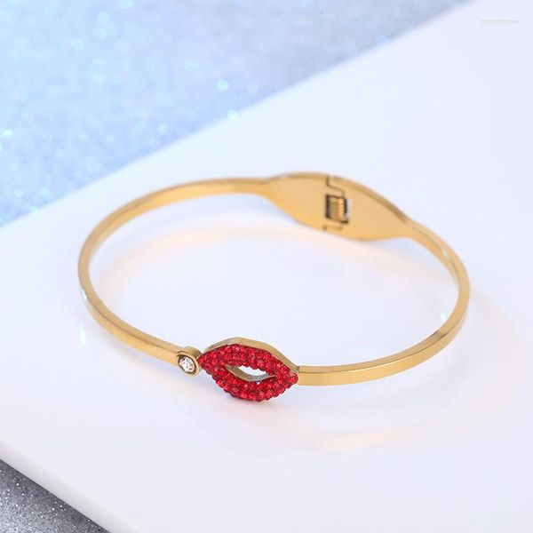 Armreifen rote Lippen Kristallarmband Armreifen für Frauen Mädchen Trendy Mode Schmuck Edelstahl Liebesmanschette Armbänder Geschenk