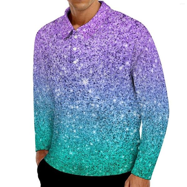 Polos masculinos Polo de pólo de pólo de glitter Autumn roxo e verde camisa casual manga longa cair camisetas de moda de colarinho grandes