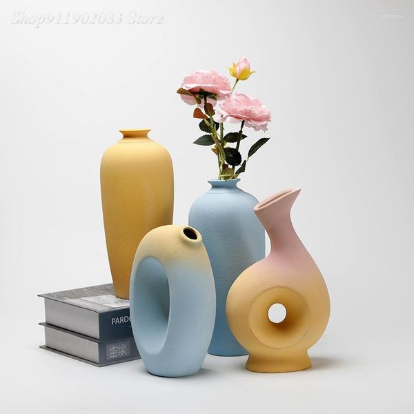 Vasos vaso cerâmico gradiente geométrico Hollow out artesanato arranjo de flores caseiras decoração de artesanato de artesanato