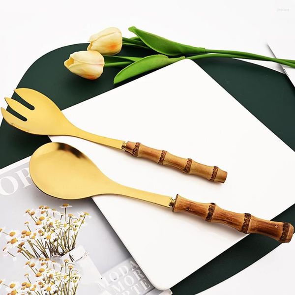 Conjuntos de utensílios de jantar drmfiy rolo de bambu natural colher de talheres de colher servir garfo 2pcs aço inoxidável talheres de cozinha de talheres de cozinha