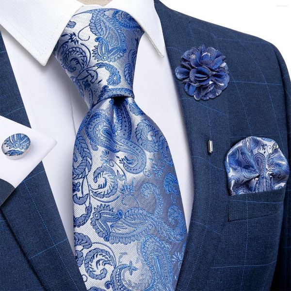 Papillon blu in argento paisley collo per uomini lusso 8 cm largo seta sposa cravatta tasca quadrata di gemelli set di spille natalizi