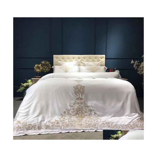 Set di biancheria da letto Oro Sier Set di seta bianca Queen Letto king size Ricamo orientale Piumino Er Lenzuola Biancheria Drop Delivery Home Garden Te Dhiaj