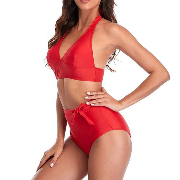 Damenbadebekleidung Frauen Rot Neckholder Bikini Set Push-Up Brasilianischer Tankini Biquini Beachwear Hight Taille Zweiteiliger Badeanzug Split Ropa Mujer