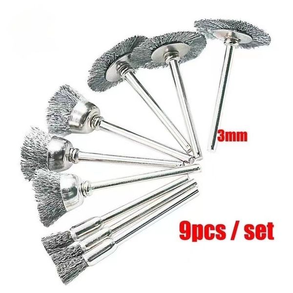 9 pezzi di spazzole in acciaio Spazzole per ruote metalliche Utensile rotante per smerigliatrice Utensile elettrico per incisore