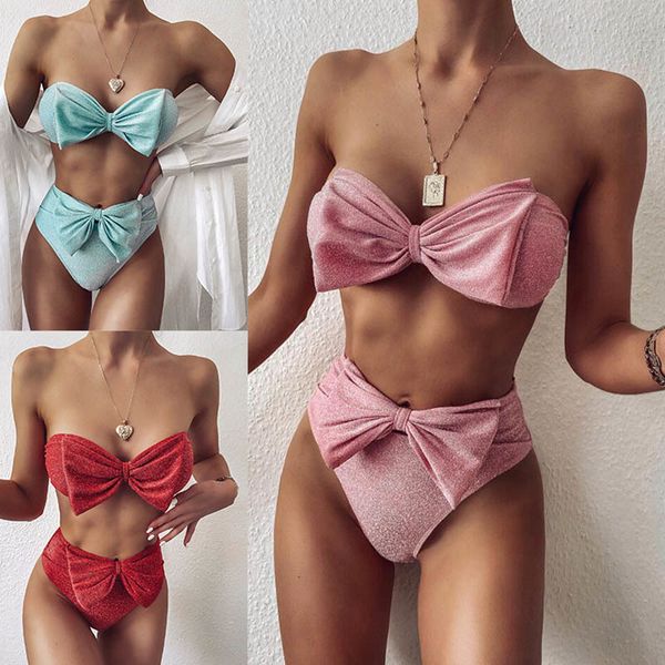 Menas de banho feminina Velvet Pink Bow Biquini High Biquiny Biquiny Swimsuits Bandeau Women Women Shiny Solllessless Bathers Bathingnear