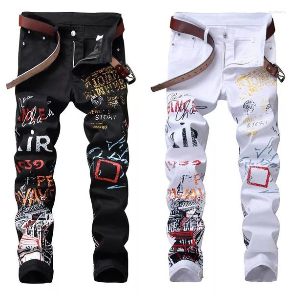 Erkek Jeans 2023 Sokak Modası Erkek Gece Kulübü Siyah Beyaz Renk Kişisel Tasarımcı Baskılı Erkekler Punk Pantolon Sıska Hip Hop Jea