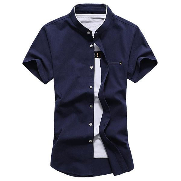 Мужские повседневные рубашки высокого качества воротник Китай льняной хлопок с коротким рубашкой с коротким рубашкой Slim Plus M-4xl 5xl 6xl 7xl #2012