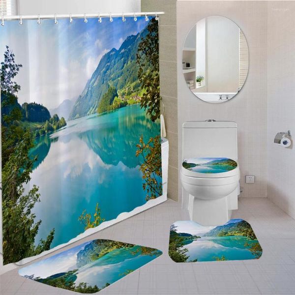 Set di accessori da bagno Tenda paesaggistica Montagna Spiaggia tropicale Copertura impermeabile per coperchio WC per doccia 4 pezzi per bagno