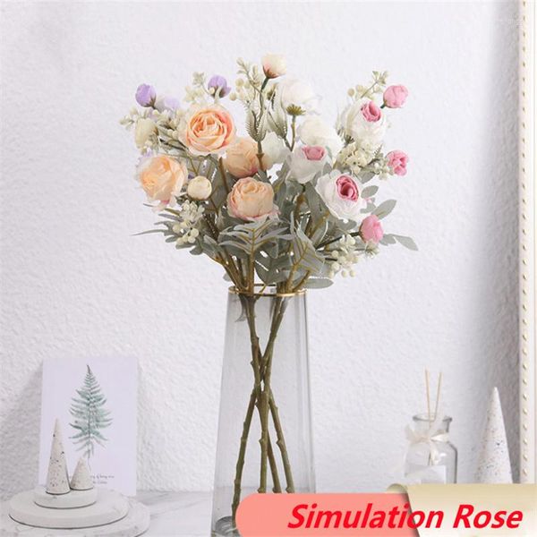 Flores decorativas de seda rosa Buquê artificial de flores para meninas presentes de aniversário Romântica sala de estar decoração de casamento Fake Fake