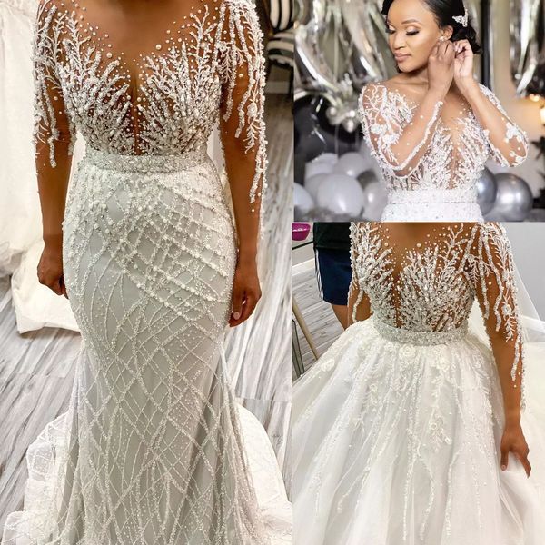 2023 Abito da sposa di lusso Grazioso abito da sposa a sirena a maniche lunghe con perline pesanti con strascico lungo in tulle rimovibile