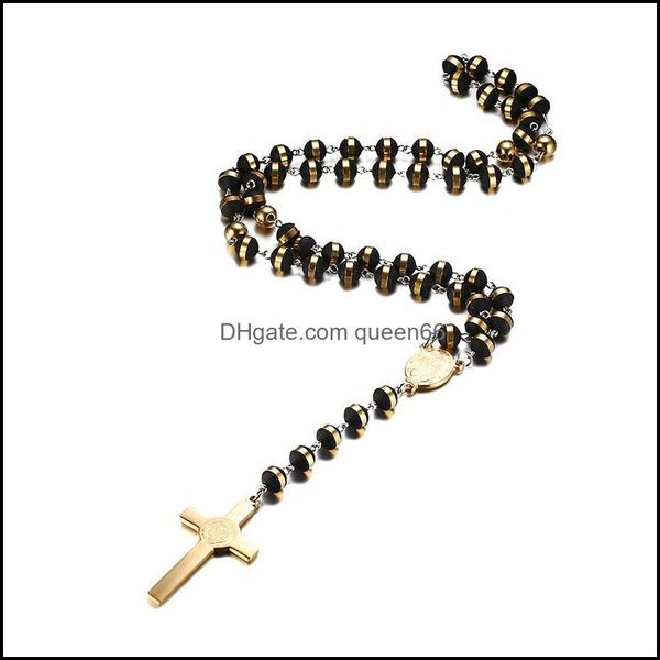 Anhänger Halsketten Schwarz / Gold Farbe Lange Rosenkranz Halskette Für Männer Frauen Edelstahl Perlenkette Kreuz Damen Herren Geschenk Schmuck 418 DHF2L