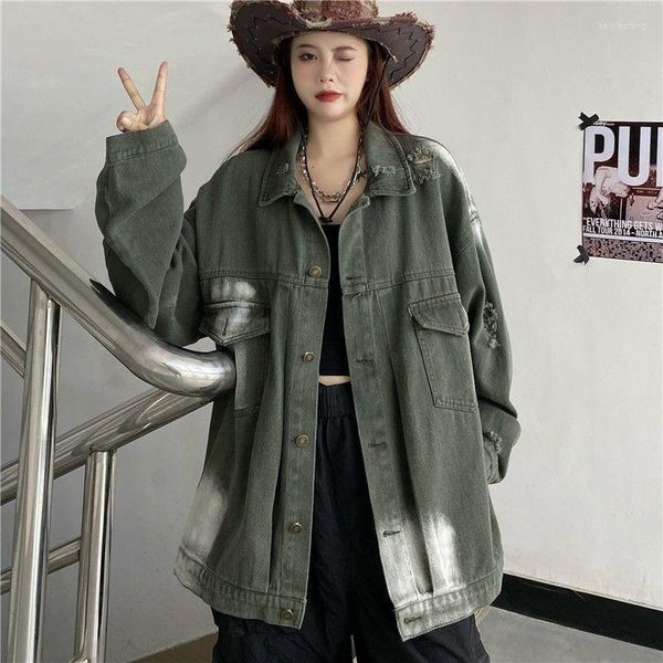 Damenjacken Krawatte gefärbte durchbohrte Jeansjacke Damen Frühling und Herbst 2023 dunkelgrüne Arbeitskleidung Vintage Street Fashion Casual