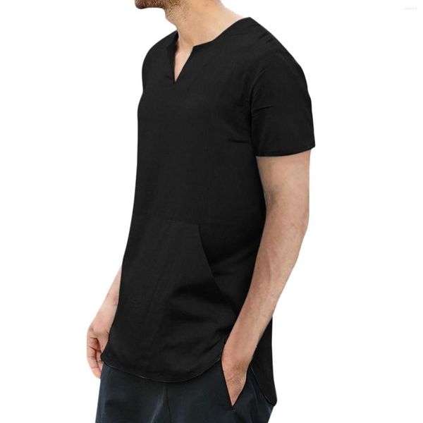 Chemises décontractées pour hommes 2023 été Slim Fit Chemise habillée pour hommes coton lin couleur unie poche à manches courtes T-shirts hauts Vintage Chemise