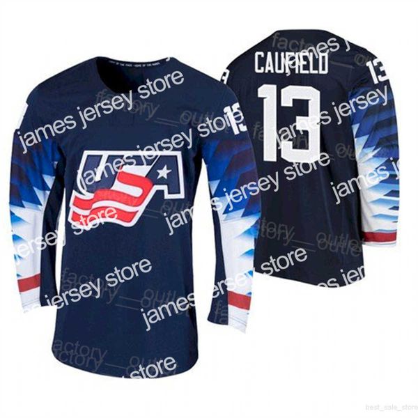 College Hockey trägt das Männerfilm College US -Team Hockey 13 Cole Caufield Jersey 2021 IIHF World Junior Championship Team Color Navy Blue Away für Sportfans