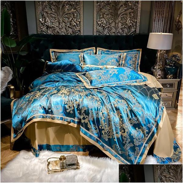 Set di biancheria da letto Set di biancheria da letto di lusso in stile europeo setoso setoso raso di cotone jacquard Queen King Piumino Er Lenzuolo Federe Tessili per la casa Drop Dhvat